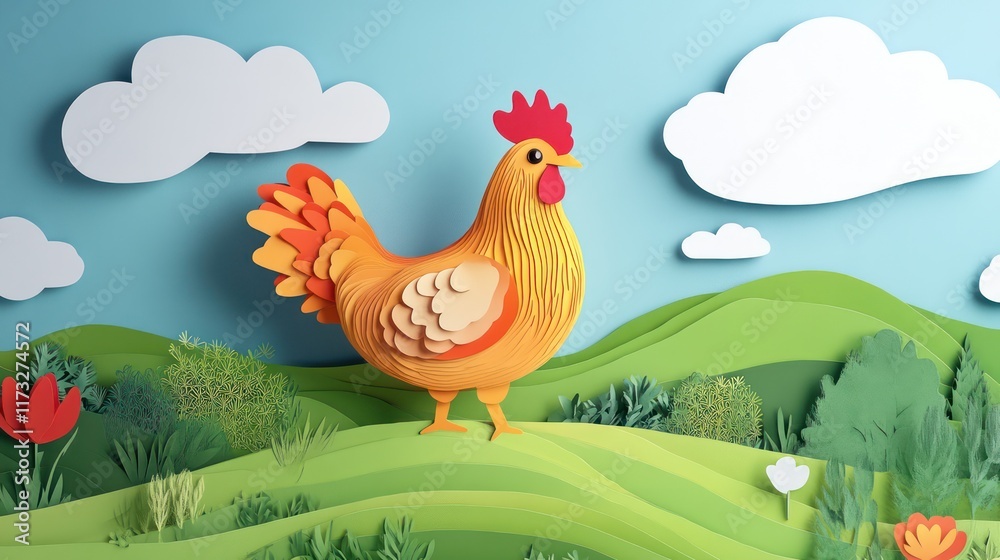 Poster paper cut style illustration chicken colorful 3d background 