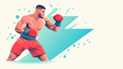 muscular fighter in red shorts and gloves prepares for match, showcasing strength and determination against vibrant background