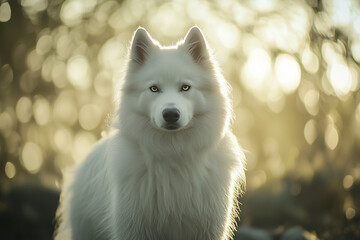 Obraz premium White Samoyed puppy sitting on street outdoor blurred background