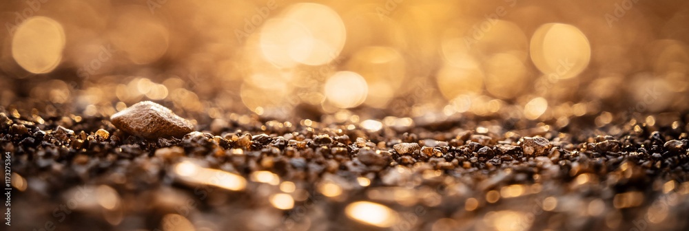 Poster golden hour light illuminating small pebbles and rocks on the ground.