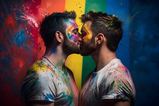 Two handsome men kissing, rainbow flag splashes of paint in the background, vibrant colors, photorealistic landscapes, rainbowcore, detailed facial features, rainbow color palette, gay pride theme