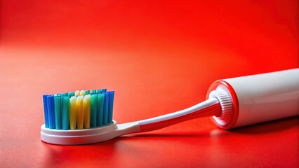 Vibrant Red Background with Toothbrush and Toothpaste - Dental Hygiene Stock Photo