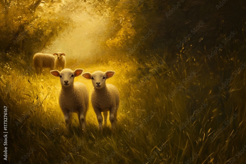 Poster two lambs and a sheep stand in a sunlit grassy path through a dark forest.