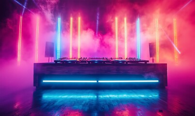 Vibrant DJ Stage Setup with Colorful Lights and Fog