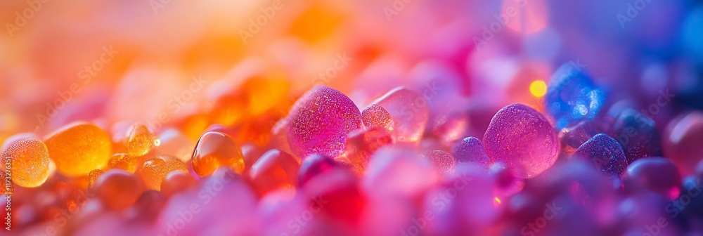 Poster abstract close-up of colorful, translucent beads; vibrant hues and soft focus.