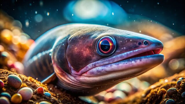 Hagfish Underwater Macro Bokeh Photography:  Slimy, Eel-like Creature in Ocean Depth