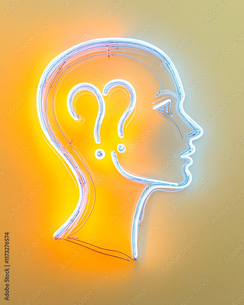 Poster neon head outline with question marks on vibrant yellow background