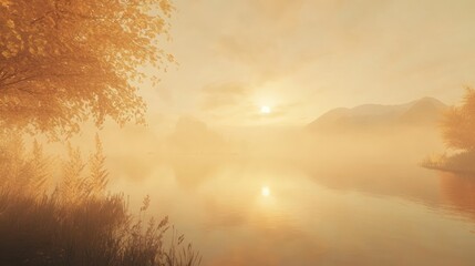 Misty lake sunrise landscape with trees and mountains.