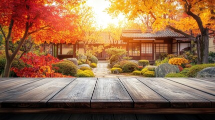 Rustic Wooden Table Outside the Entrance of a Serene Japanese Garden