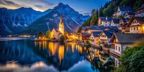 Obraz premium Hallstatt Church Night Reflection: Stunning Lake View, Austrian Alps, Illuminated Church, Picturesque Village
