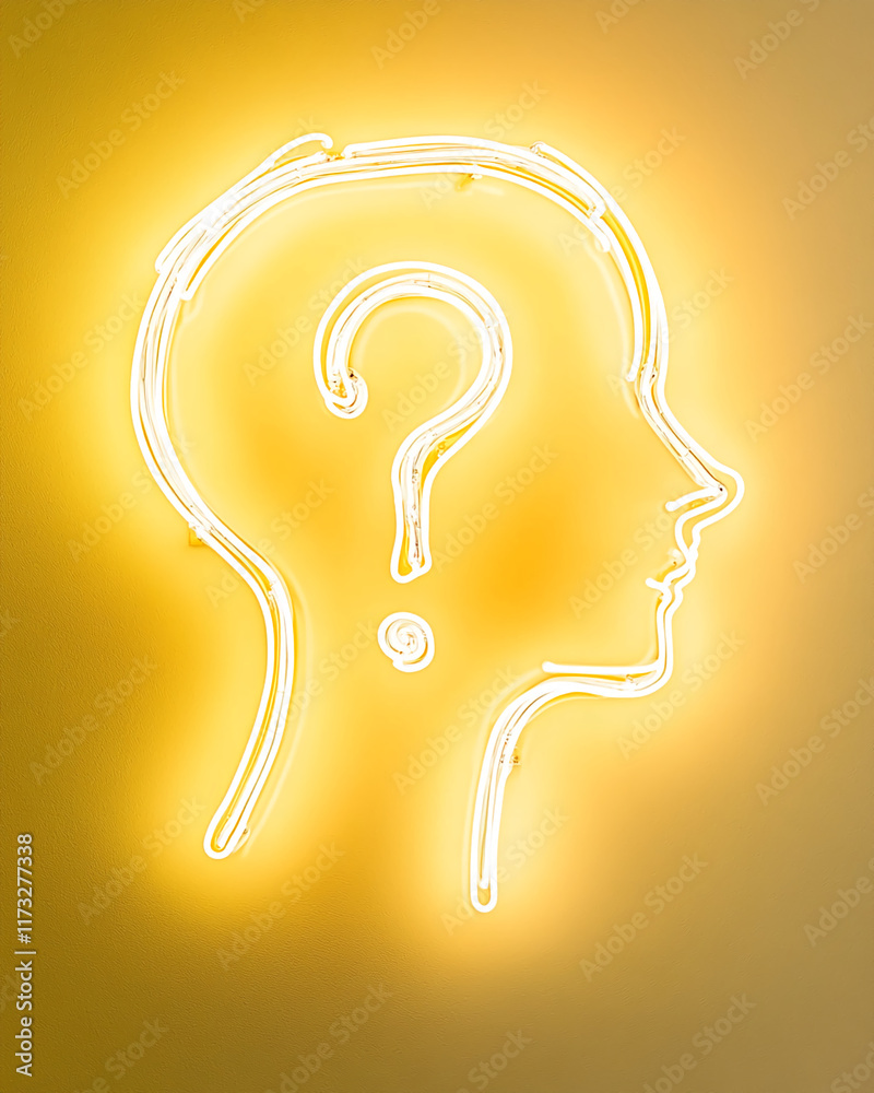 Poster neon outline of a human head with a glowing question mark on a yellow background