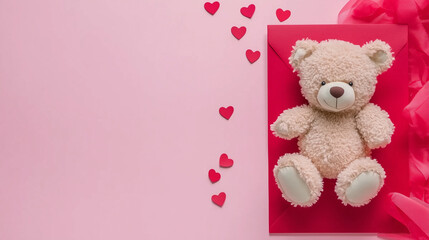 Minimalistyczny projekt Walentynkowy z czerwoną kopertą do personalizacji i drobnym konfetti w kształcie serc na delikatnym różowym tle.