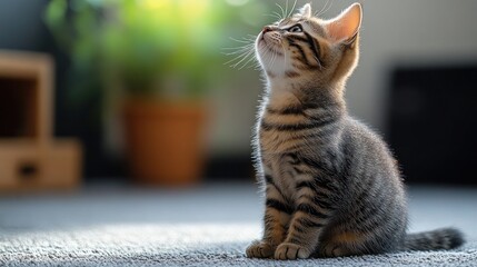 Naklejka premium Adorable kitten looking upwards, sitting on a soft carpet. Sunlight filters through a plant. 
