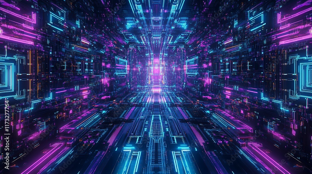 Aufkleber abstract futuristic tunnel with vibrant neon lights and glowing lines.