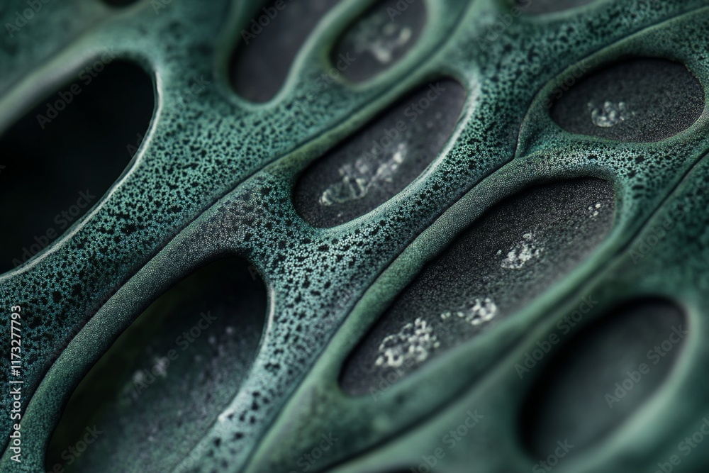 Poster close-up of a textured, dark teal surface with irregular holes and a slightly wet appearance.
