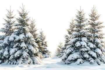 Fototapeta premium Snowy pine trees with white background. AI generative. .