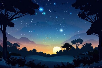 Naklejka premium Nighttime landscape with a silhouette of trees and mountains against a starry sky.