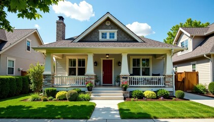 Classic Craftsman bungalow with contemporary accents in a suburban subdivision, lush greenery, contemporary style elements, outdoor lighting