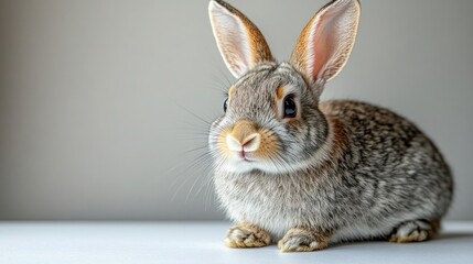 Obraz premium Adorable grey bunny rabbit sitting on white surface.