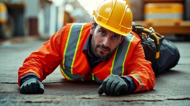 A construction site first aid worker accident, a scaffolding collapse into the concrete floor.