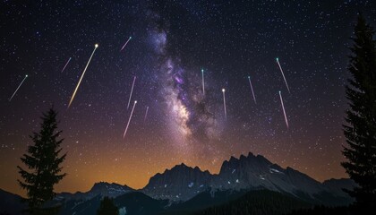 Fototapeta premium stunning night sky filled with meteorite rain and the luminous Milky Way, with the dramatic silhouette of great mountains framing the scene