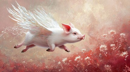 A whimsical flight: A pig with wings soaring over a field of flowers