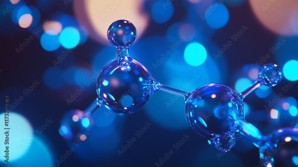 Poster Abstract 3D rendering of a molecule model with blue glowing spheres and bonds against a bokeh background.
