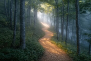 Obraz premium A peaceful forest path meanders gently through the soft morning light, creating a serene atmosphere that beckons you to explore the beauty that surrounds you
