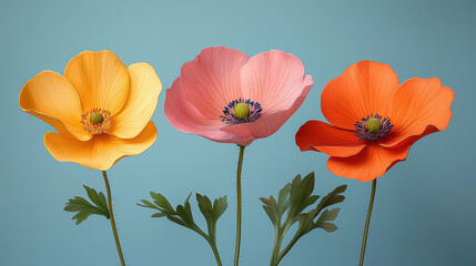Obraz premium Vibrant Poppy Trio: Three vibrant poppies in shades of orange, pink, and yellow against a serene blue backdrop. A delightful image for spring or summer themes. 