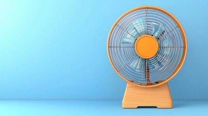 A modern desk fan with a circular grill stands against a light blue background, providing a cool and refreshing atmosphere.