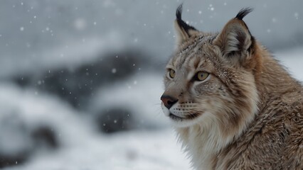 Obraz premium close up photo of a snow lynx with snow habitat background