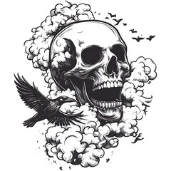 Skull with crow, smoke and flying bats.