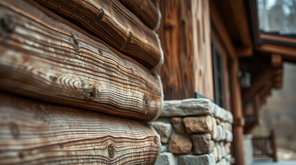 Weathered Log Cabin Corner with Stone Foundation