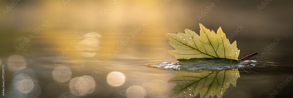 Poster single autumn leaf floats on calm water, reflecting in the surface.