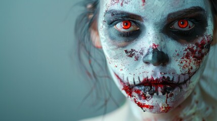 Close up of a woman's face covered in blood with red eyes. AI generative. .