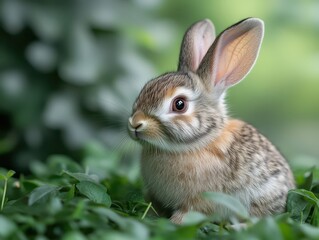 Fototapeta premium A small rabbit sits peacefully in the lush green grass, nestled among soft foliage that bathes in the gentle light of a warm and serene day in nature
