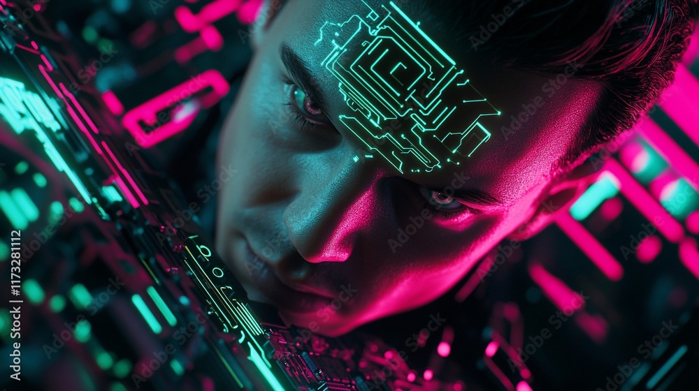 Poster close-up of a man's face with a futuristic circuit board projected onto his forehead, set against a 