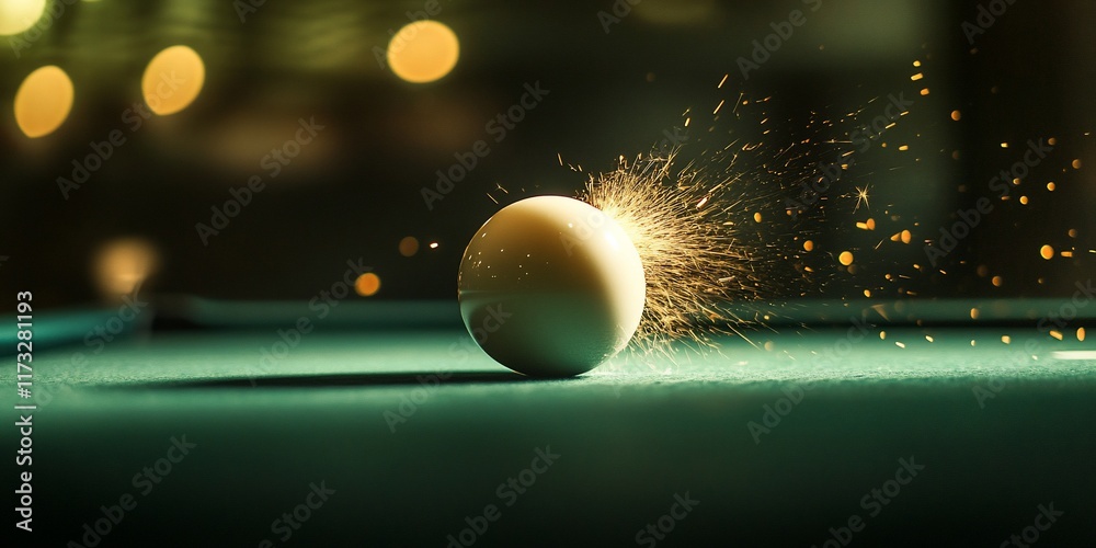 Aufkleber Close-up of a billiard ball exploding with sparks on a pool table.