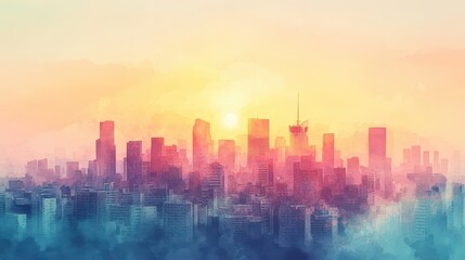 Vibrant watercolor illustration of a city skyline at sunset reflecting soft hues of purple, pink, and orange with towering buildings and a hazy atmosphere