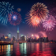 Vibrant New Year Fireworks Over Glowing City Skyline with Reflections on Water
