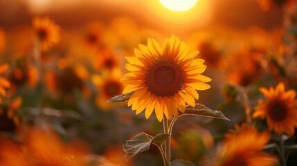 Single sunflower with a bright yellow center and petals in a field at sunset. AI generative. .