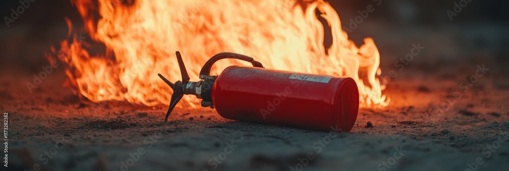 Poster red fire extinguisher lying on the ground with large flames burning in the background, creating a dr