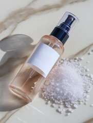 Elegant facial toner spray bottle with a rose-tinted liquid and a white label, surrounded by pink salt on a glossy marble surface, ideal for luxurious skincare branding
