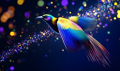 Fototapeta premium Colorful bird flies with sparkling bokeh lights on dark backdrop.
