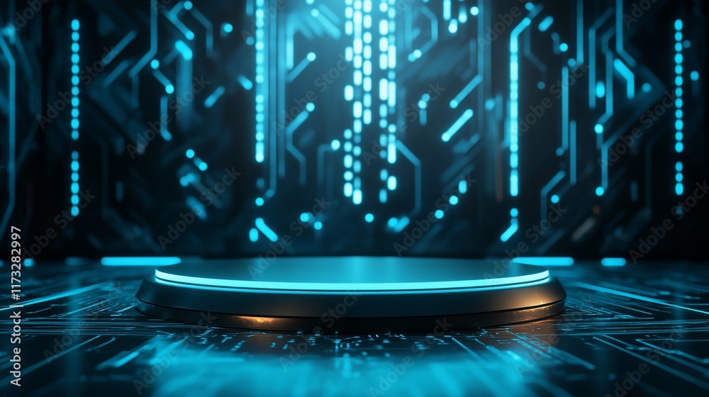 Aufkleber futuristic blue circuit board background with a metallic platform.