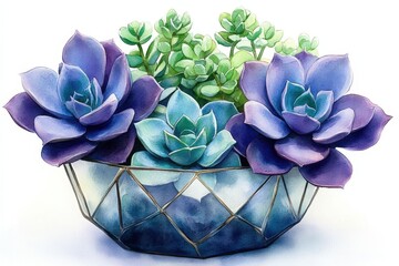 Watercolor painting of purple and green succulents in a geometric glass bowl.