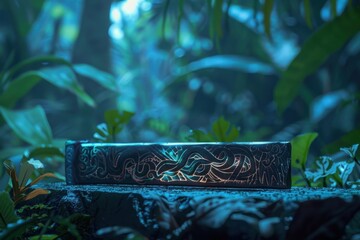 Aztec obsidian blade on jungle altar with blurry foliage