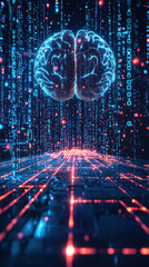Obraz premium futuristic digital brain surrounded by glowing data streams and binary code
