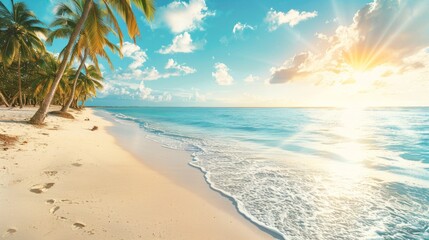 Palm trees on a white sandy beach with a turquoise ocean and a bright sun shining through the clouds. AI generative. .