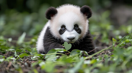 Obraz premium baby panda playing with heart shaped leaves in lush garden